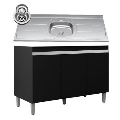 Balcão De Cozinha Com Pia Inox 120cm 3 Portas Manu Preto - Ajl Móveis