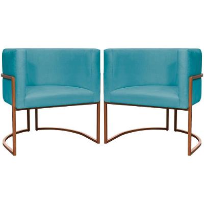 Kit 2 Poltronas Para Sala De Recepção Luna Suede Cores Base De Ferro Bronze - Azul-turquesa, Suede
