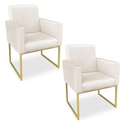 Kit 02 Poltronas Clarice Veludo Base Metálica Industrial Dourado - Pallazio Bege