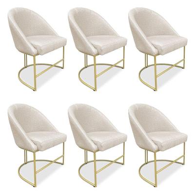 Kit 06 Cadeiras Poltrona De Jantar Bela Linho Bege Base Metálica Industrial Dourado - Pallazio