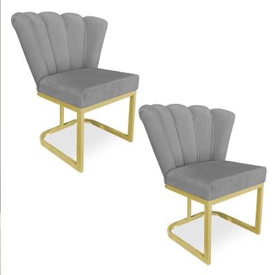 Kit 02 Poltronas Flor Veludo Grafite Base Metálica Industrial Dourado - Pallazio