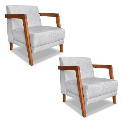Kit 02 Poltronas Decorativa Natália Linho Cinza Base Em Madeira Castanho - Pallazio