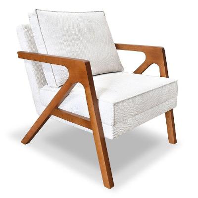 Poltrona Decorativa Luiza Linho Bouclê Off White Base Em Madeira Castanho - Pallazio