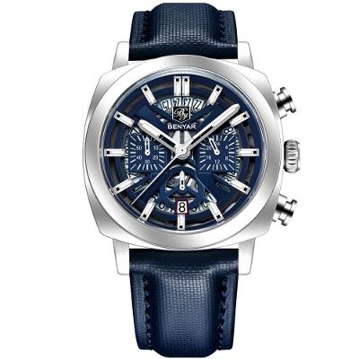 Relógio De Quartzo Mostrador Luminoso Benyar Masculino Design Tonneau Impermeavel Azul Prata