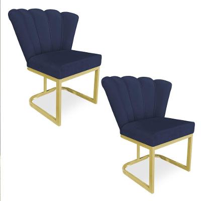 Kit 02 Poltronas Flor Veludo Azul Marinho Base Metálica Industrial Dourado - Pallazio