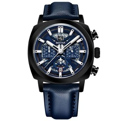 Relógio De Quartzo Mostrador Luminoso Benyar Masculino Design Tonneau Impermeavel Azul Preto