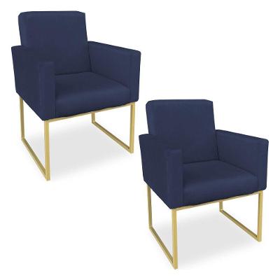 Kit 02 Poltronas Clarice Veludo Base Metálica Industrial Dourado - Pallazio Azul Marinho