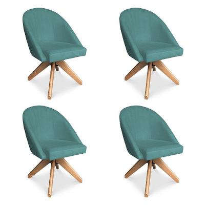 Kit 04 Poltronas Cadeira Giratória Bela Suede Base De Madeira - Pallazio Azul Turquesa