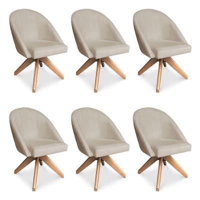 Kit 06 Poltronas Cadeira Giratória Bela Suede Base De Madeira - Pallazio Bege