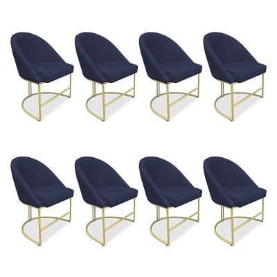 Kit 08 Cadeiras Poltrona De Jantar Bela Suede Base Metálica Industrial Dourado Azul Marinho