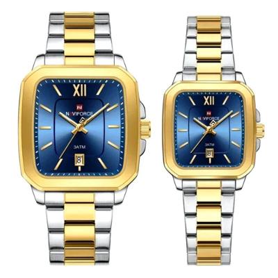 Conjunto De Relógio Casual Simples Quartzo Design Tonneau Impermeavel Casal Azul Prata