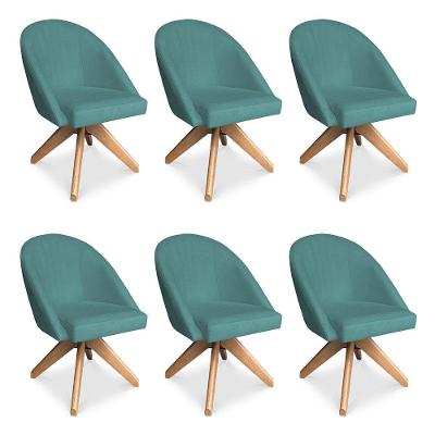 Kit 06 Poltronas Cadeira Giratória Bela Suede Base De Madeira - Pallazio Azul Turquesa