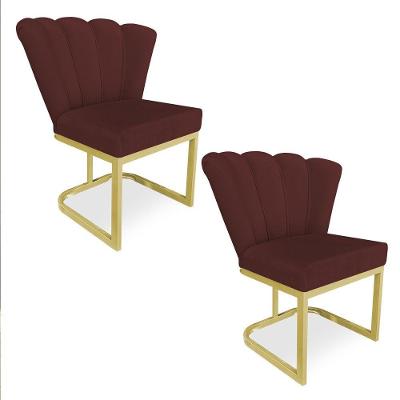 Kit 02 Poltronas Flor Veludo Marsala Base Metálica Industrial Dourado - Pallazio