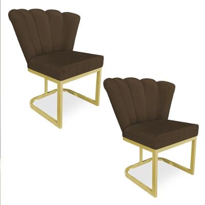 Kit 02 Poltronas Flor Veludo Marrom Base Metálica Industrial Dourado - Pallazio