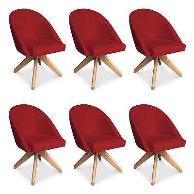 Kit 06 Poltronas Cadeira Giratória Bela Suede Vermelho Base De Madeira - Pallazio