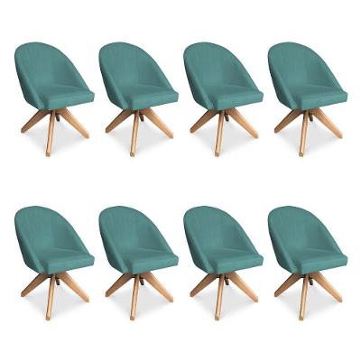 Kit 08 Poltronas Cadeira Giratória Bela Suede Base De Madeira - Pallazio Azul Turquesa