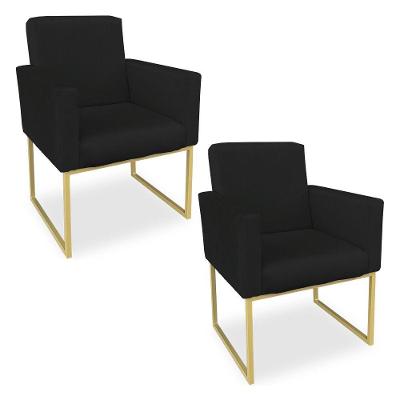Kit 02 Poltronas Clarice Veludo Preto Base Metálica Industrial Dourado - Pallazio