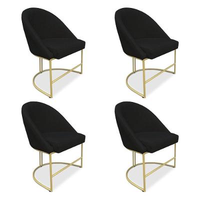 Kit 04 Cadeiras Poltrona De Jantar Bela Suede Preto Base Metálica Industrial Dourado - Pallazio