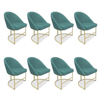 Kit 08 Cadeiras Poltrona De Jantar Bela Suede Base Metálica Industrial Dourado Azul Turquesa