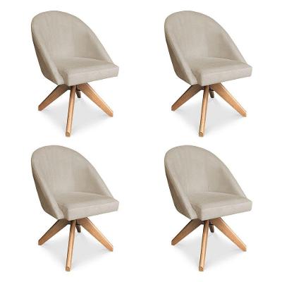 Kit 04 Poltronas Cadeira Giratória Bela Suede Bege Base De Madeira - Pallazio