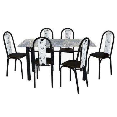 Conjunto De Mesa Michelly Com 06 Cadeiras 150x75cm Moura Preto Com Branco Floral