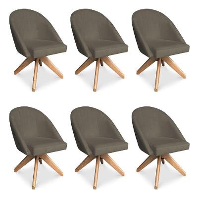 Kit 06 Poltronas Cadeira Giratória Bela Suede Marrom Rato Base De Madeira - Pallazio