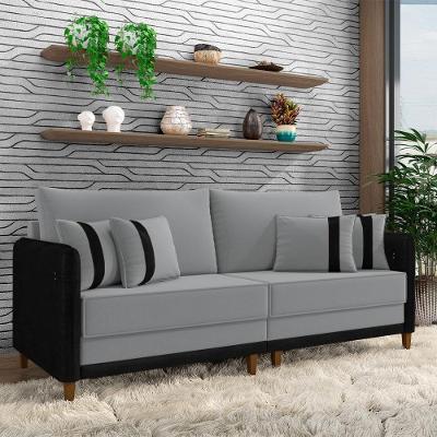 Sofá Living Montecarlo 3 Lugares Bipartido 232cm Pés Em Madeira Veludo-pu Cinza-preto G33 Gran Belo