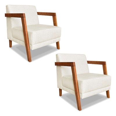 Kit 02 Poltronas Decorativa Natália Linho Base Em Madeira Castanho - Pallazio Natural