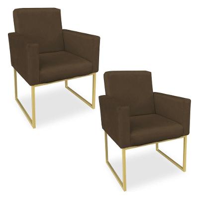 Kit 02 Poltronas Clarice Veludo Base Metálica Industrial Dourado - Pallazio Marrom
