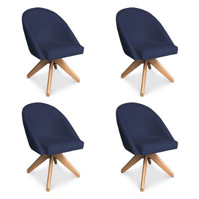 Kit 04 Poltronas Cadeira Giratória Bela Suede Base De Madeira - Pallazio Azul Marinho