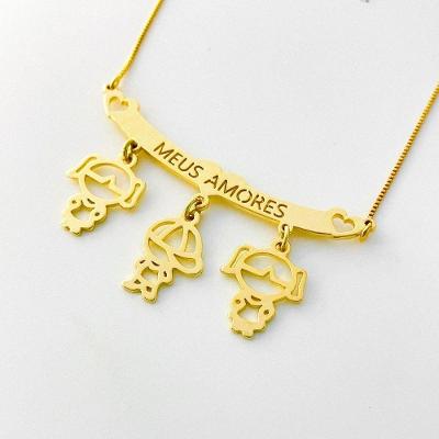 Colar Filhos Meus Amores Banhados A Ouro 18k - Duas Meninas E Um Menino