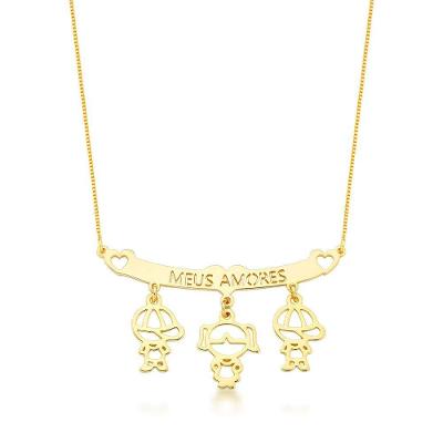 Colar Filhos Meus Amores Banhados A Ouro 18k - Dois Meninos E Uma Menina