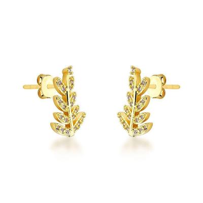 Brinco Folha Cravejada Com Zirconias Cristais Banhado A Ouro 18k