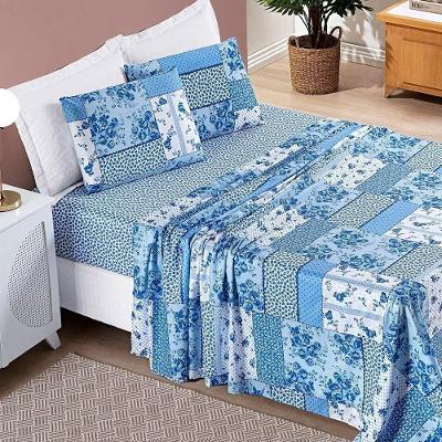 Jogo De Cama Lençol Bouti Estampado Casal Padrão 04 Peças - Azul Sereno
