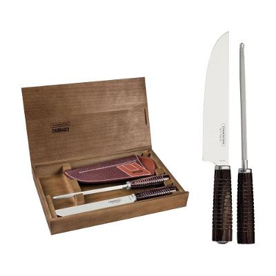 Jogo para Churrasco Tramontina Aço Inox Cabos em Madeira Polywood Castanho Bainha de Couro e Estojo de Madeira 2 Peças