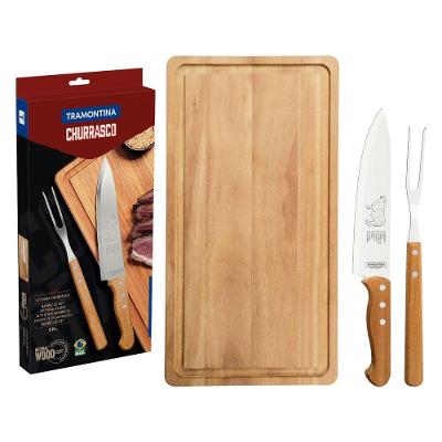 Kit para Churrasco Tramontina Aço Inox Cabo de Madeira Natural com Tábua de Madeira 3 Peças