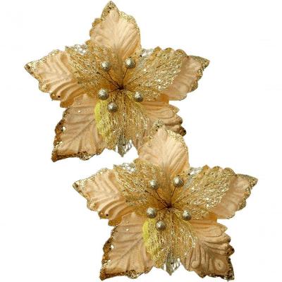 Kit 2 Flores Artificial Glitter Enfeite Dourado Natal 25cm
