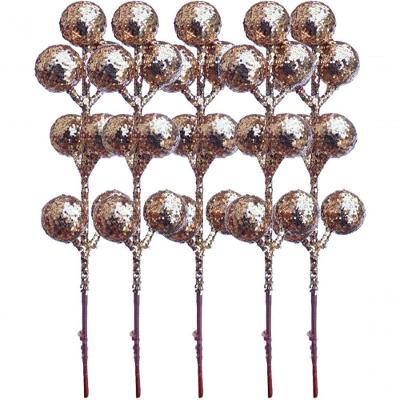 Kit 72 Frutas Galhos Artificiais Glitter Dourado Natal 18cm