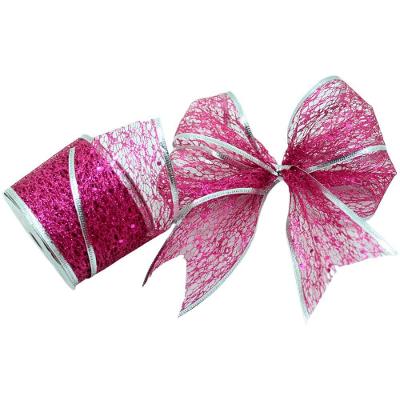 Kit 2 Fitas Aramadas Prata Gliter Rosa Natalino 6,3cm 2,7m