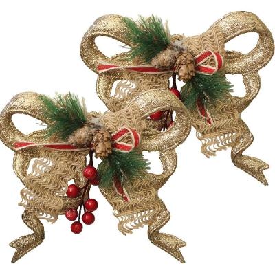 Kit 12 Enfeite Pendente Laço Natalino 18cm Dourado Brilho