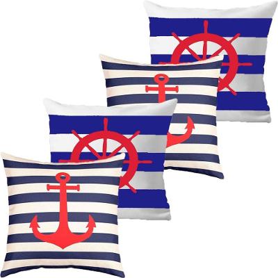 Kit 4 Capas De Almofadas âncora E Timão Vermelho Marítima
