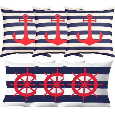 Kit 6 Capas De Almofadas âncora E Timão Vermelho Marítima