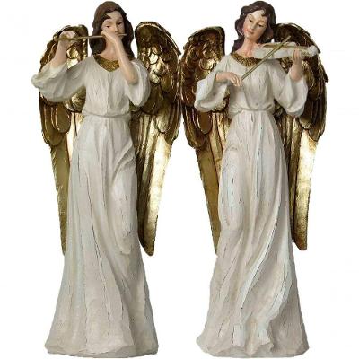 Dupla Anjos Músico Violinista Flautista Em Resina Natal 38cm