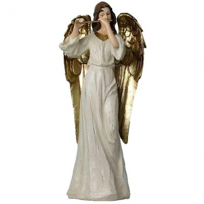 Anjo Decorativo Musico Flauta Ouro Resina Natal Enfeite 38cm