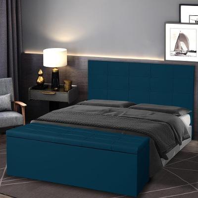 Kit Cabeceira E Calçadeira Baú Casal 1,40m Roma Suede Azul Marinho Dal Poz Estofados