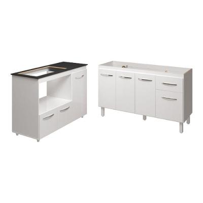 Armário Camila Cozinha Gabinete De Pia 140 Cm E Balcão Para Cooktop 5 Bocas E Forno Ou Microondas Alana Branco
