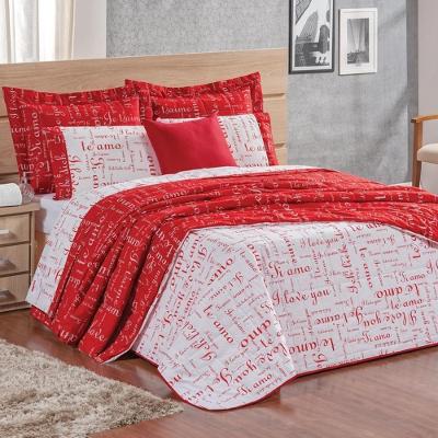 Cobre Leito Queen Te Amo Dupla Face 150 Fios Algodão 3 Peças - Vermelho/branco