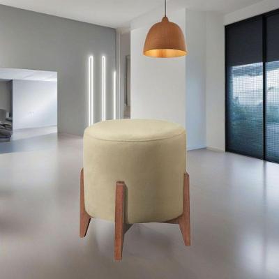 Puff Estofado Decorativo Sala Redondo Luxo Madrid Linho Bege