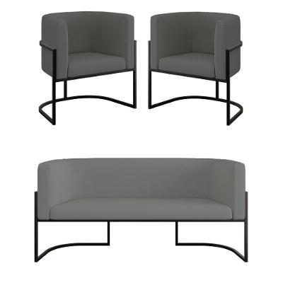 Kit 2 Poltronas Sofá 2 Lugares Base De Metal Black Veludo Cinza