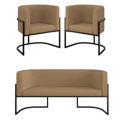 Kit 2 Poltronas + Sofá 2 Lugares Base De Metal Black Veludo Capuccino